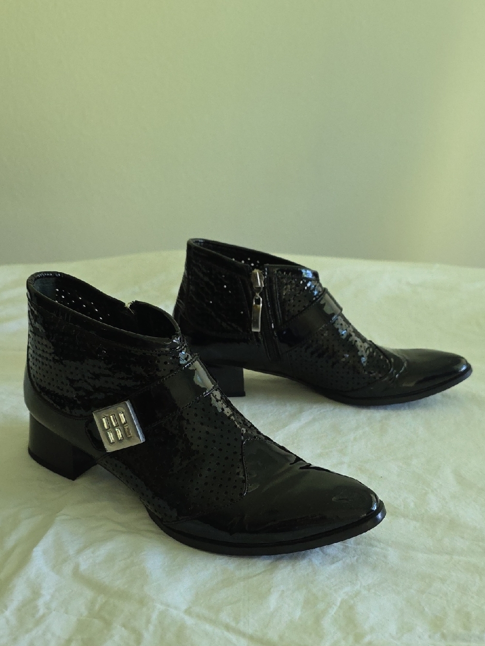 Vicino Black Patent Ankle Booties with Silver Buckle